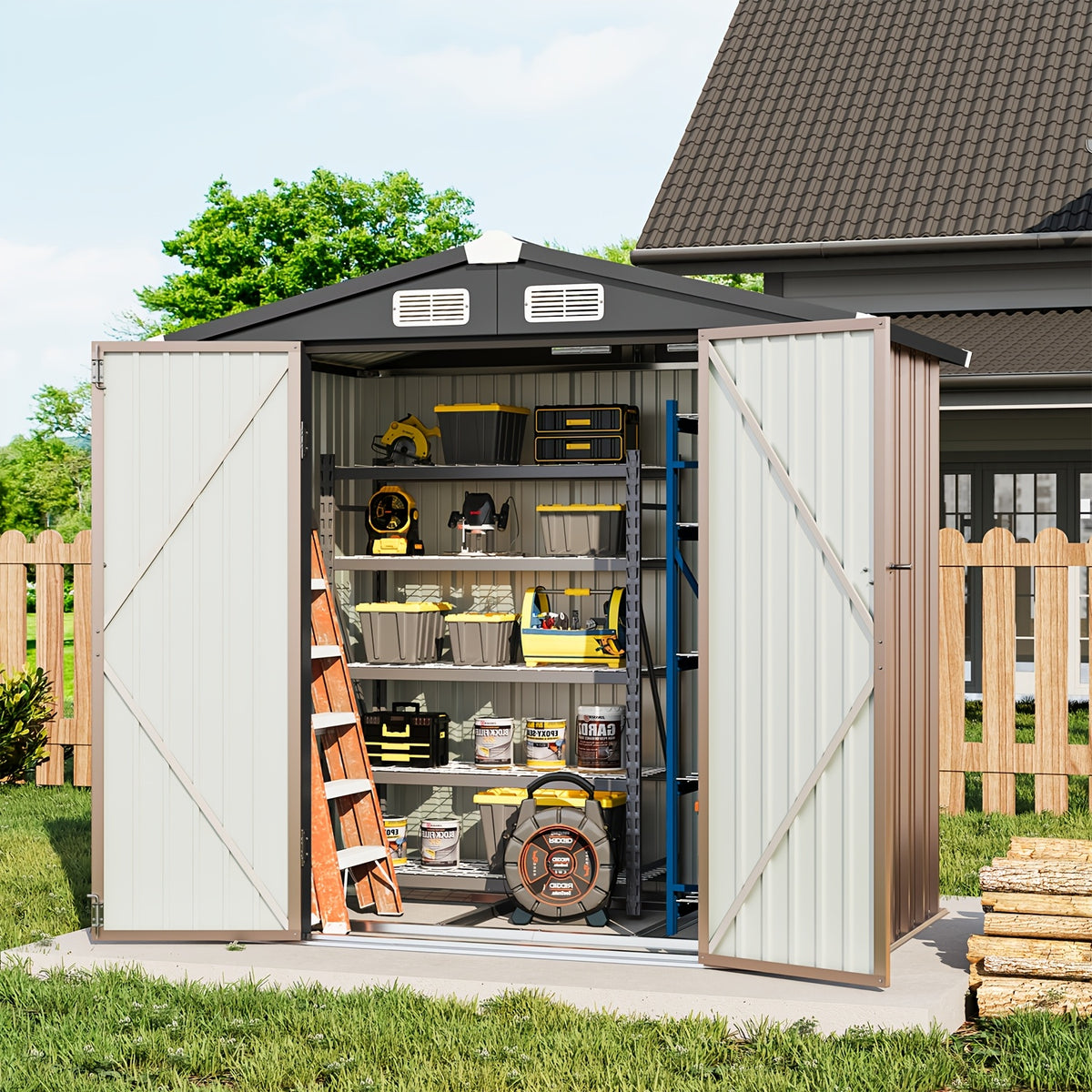 6X4/8X6/10X8/10X12Ft Gable Roof Metal Storage Shed, Heavy Duty Outdoor Garden Shed with Lockable Doors And Vents, Weather-Resistant Utility Shed for Backyard Tools, Brown/Black