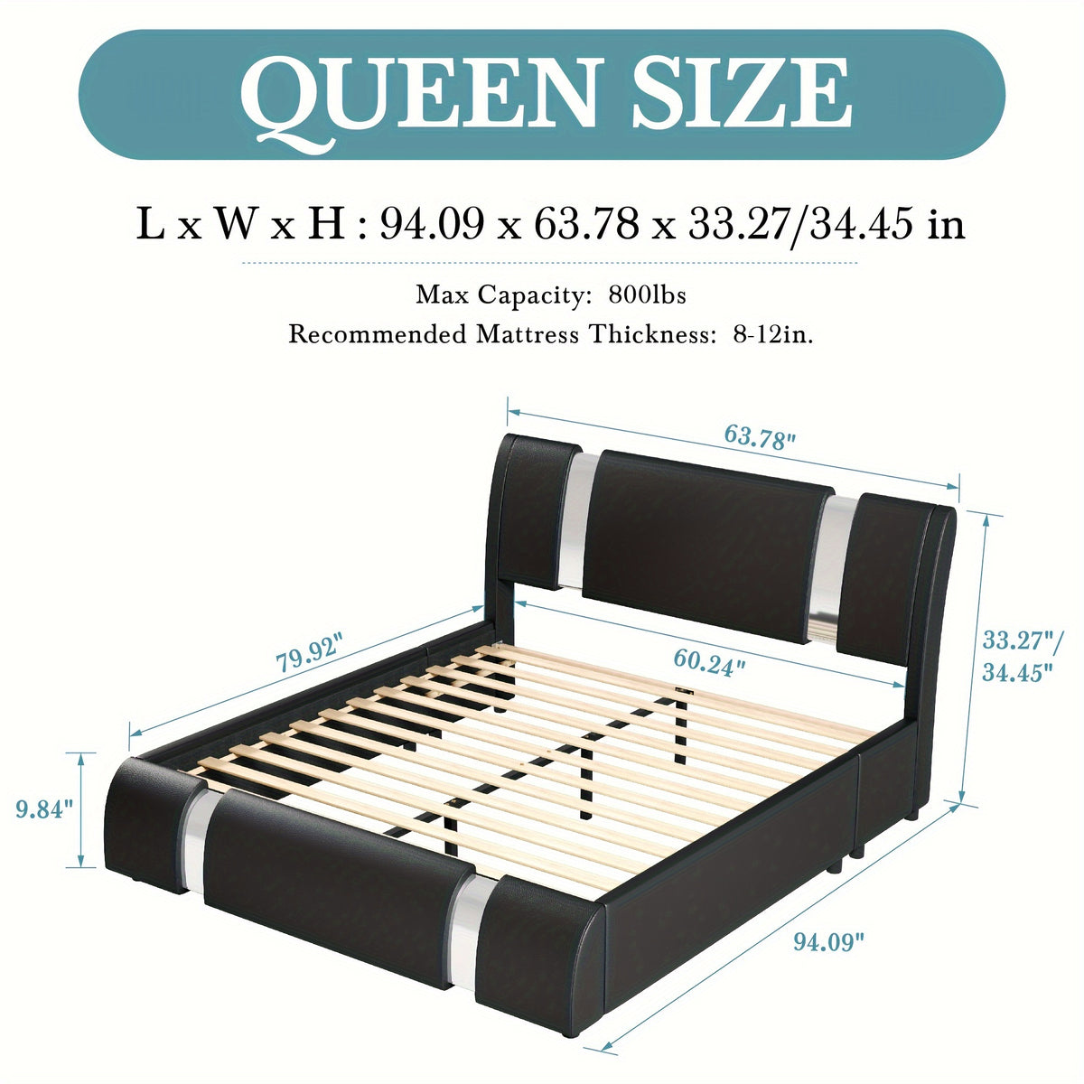 HOOMIC Contemporary Imitation Leather Bed Structure Featuring Metal Accents, Low-Set Platform Bed with Adjustable Headboard, Sturdy Wooden Slat Support, No Box Spring Required