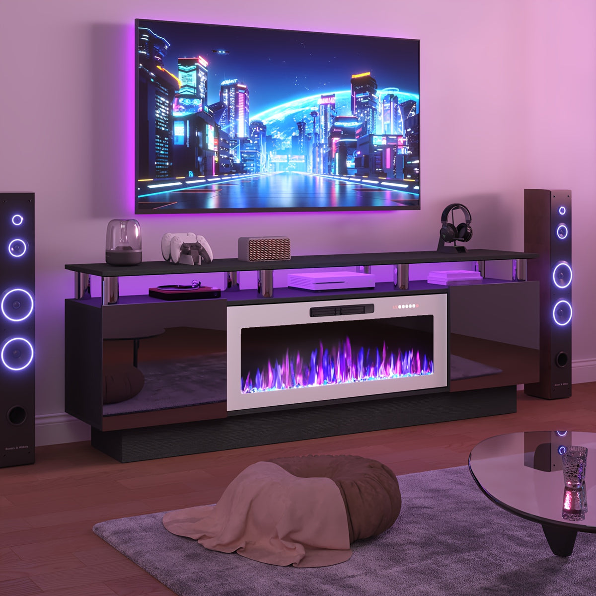 Fireplace TV Stand with 36-Inch Electric Fireplace, 70-Inch LED Light Entertainment Center with High Gloss Cabinet, 2-Tier Modern Wood Media TV Console for Living Room