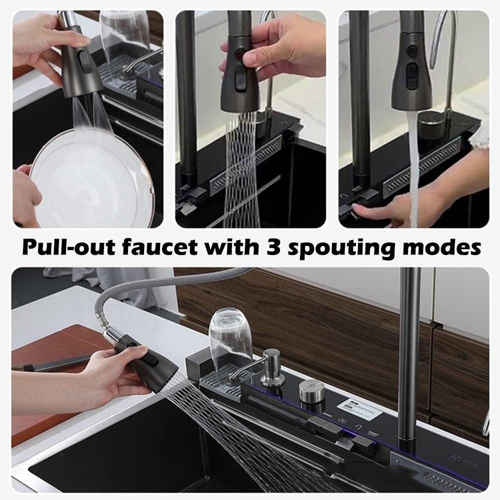 BRONCHO 33X22 INCH Two Waterfalls Nano Kitchen Sink, Stainless Steel Smart Kitchen Sinks, Multifunctional Workstation Kitchen Sink with Digital Display Pull-Out Faucet and Accessories