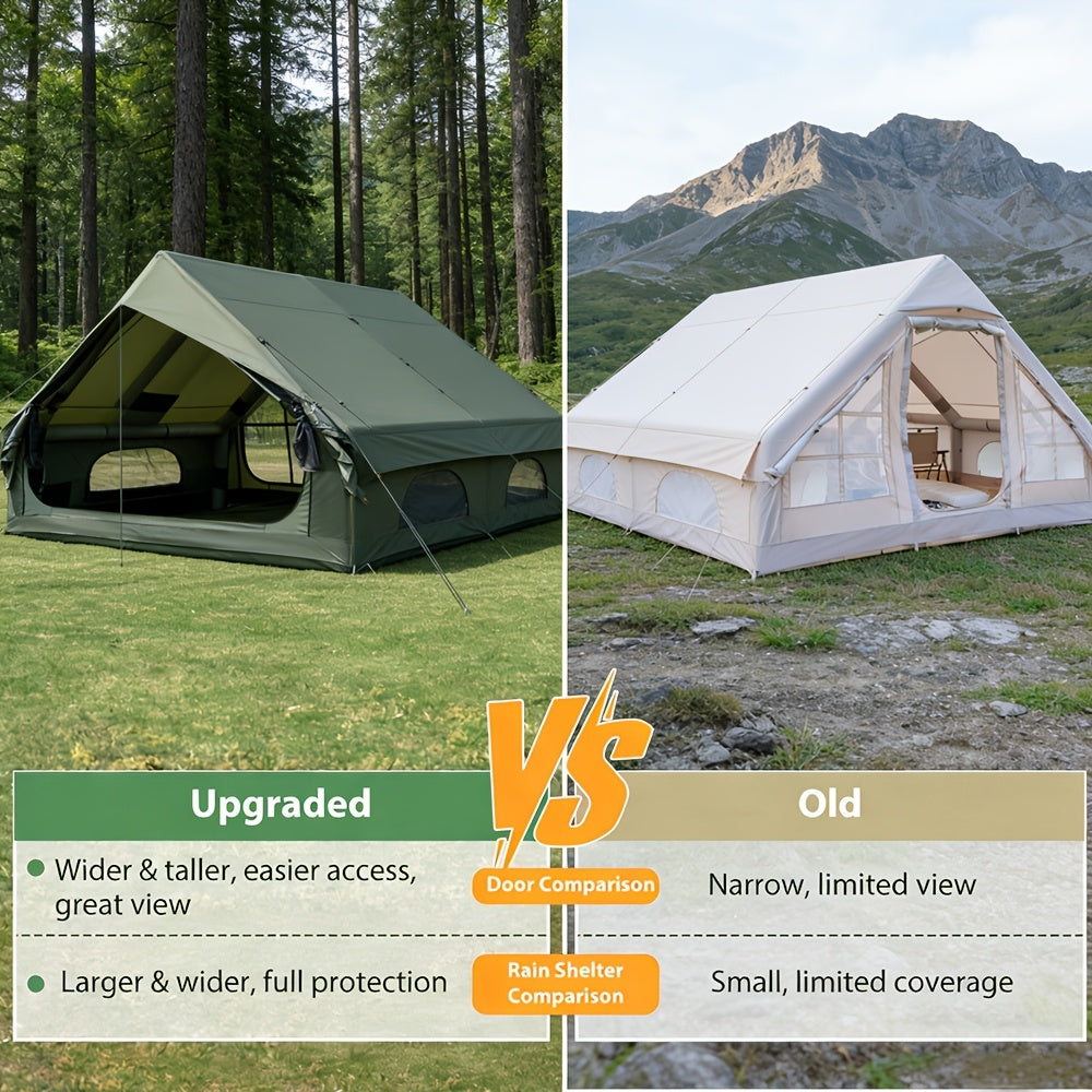129 Sq.ft Inflatable Camping Tent | Outdoor Blow Up Tent Oxford 4 Season Air Tent Cabin House with Mesh Windows & Door, PVC & Polyester Material, Double Door, 2000mm-3000mm, Suitable for All Seasons