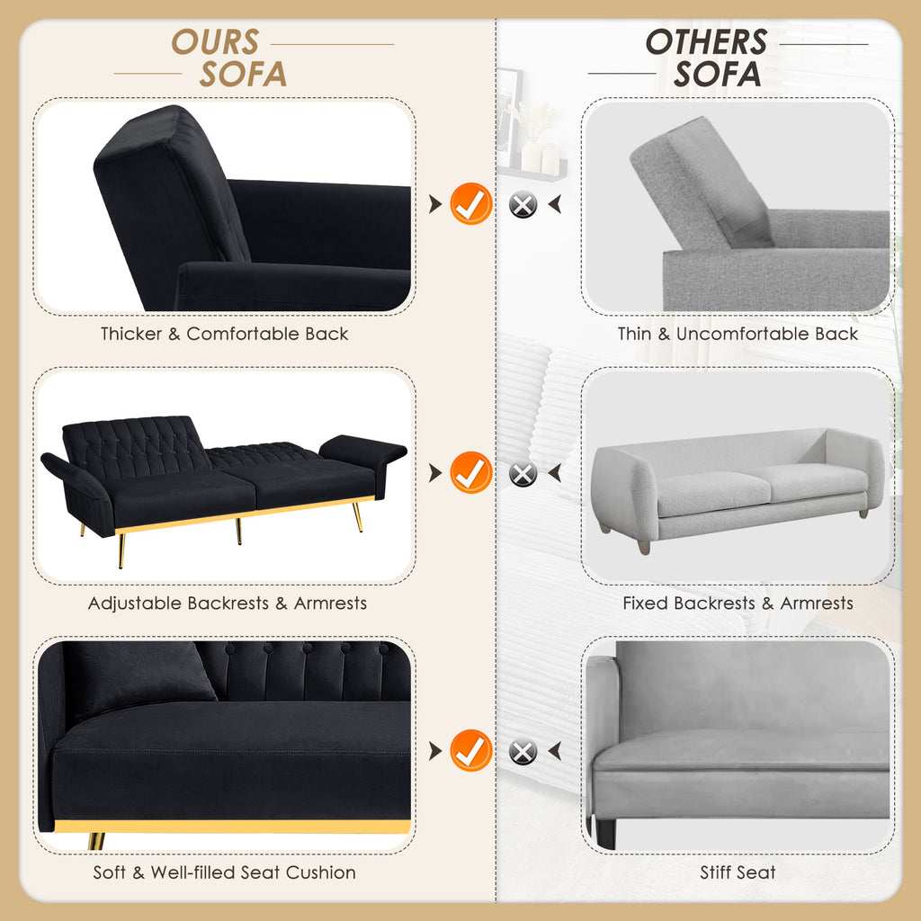 ACMEASE 70-Inch Velvet Convertible Sofa Bed with 2 Pillows, Adjustable Backrest And Armrest Tufted Sleeper Sofa with Golden Metal Legs for Living Room