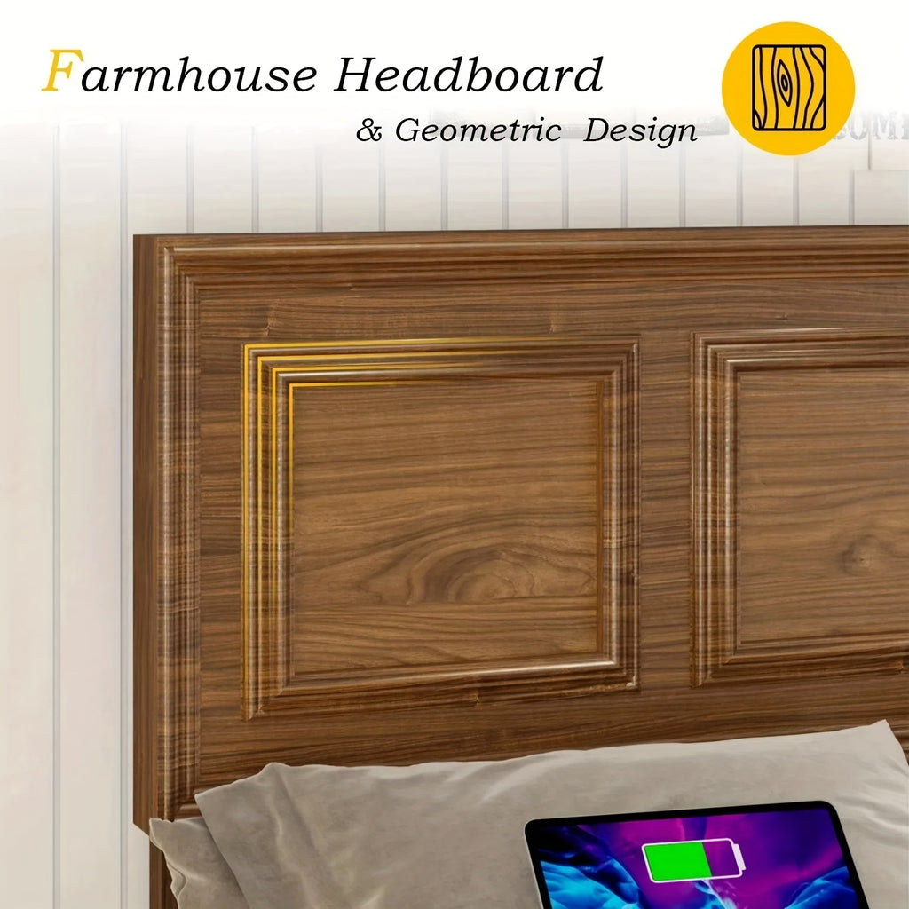 Platform Bed Frame with Headboard, Farmhouse Style, Height Adjustable, Brown and White