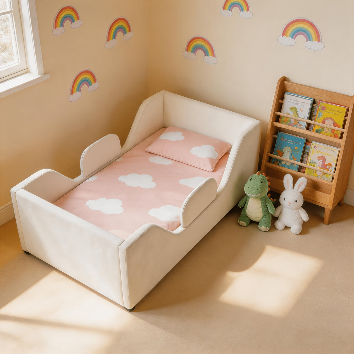 Toddler Floor Bed with Removable Safety Rails And Storage Bag, Kids Bed for Girls And Boys, Standard Crib Size, Safety Upholstered Beds, Low to Floor Design