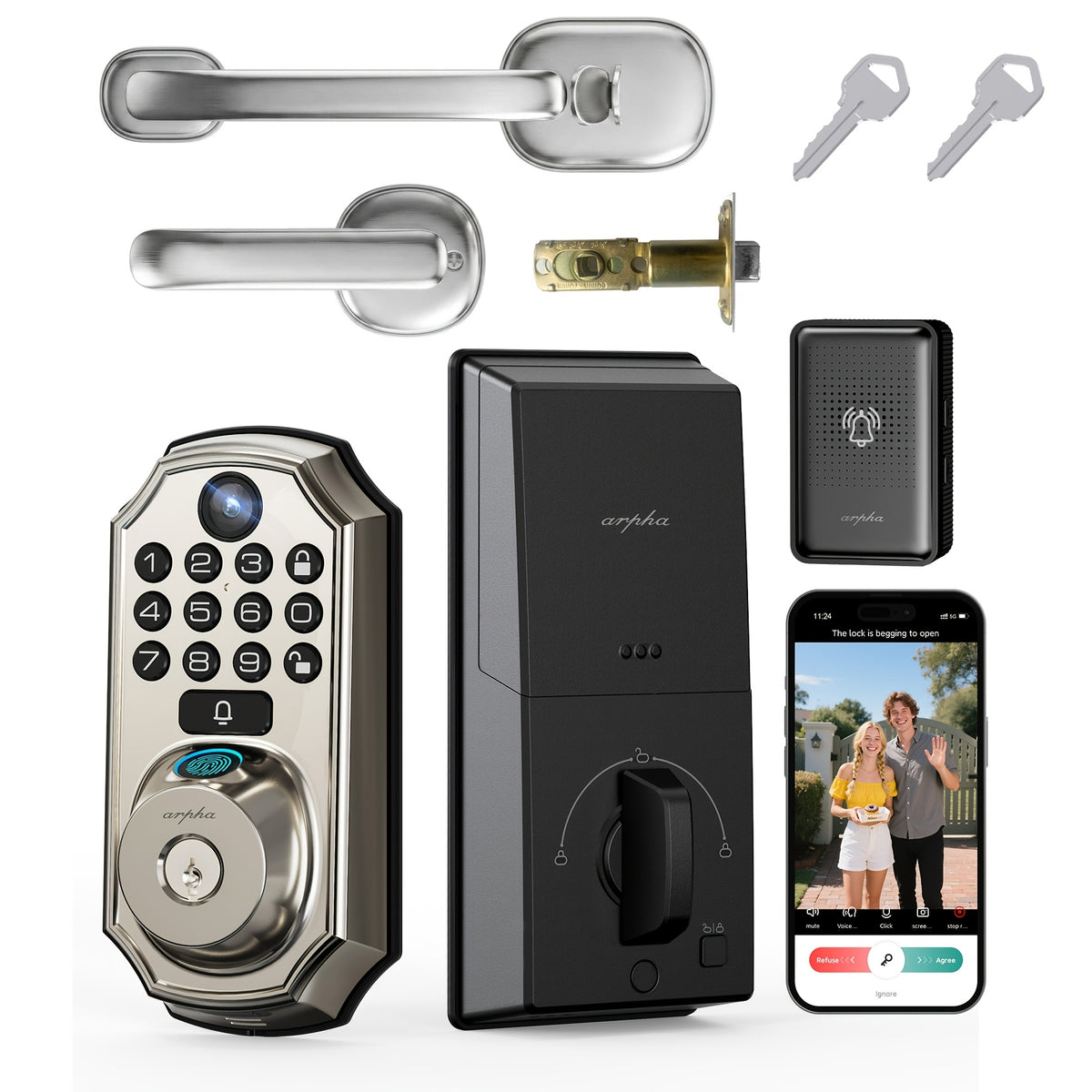 Smart Keypad Door Lock - Keyless Entry Door Lock - Front and Rear Locks and Doorbell - Remote Control, Fingerprint, Two-Way Voice Video and Call, Photo, Recording, APP Control, Voice, 150 Code Smart Deadbolt Lock - Anti-Peeping Password