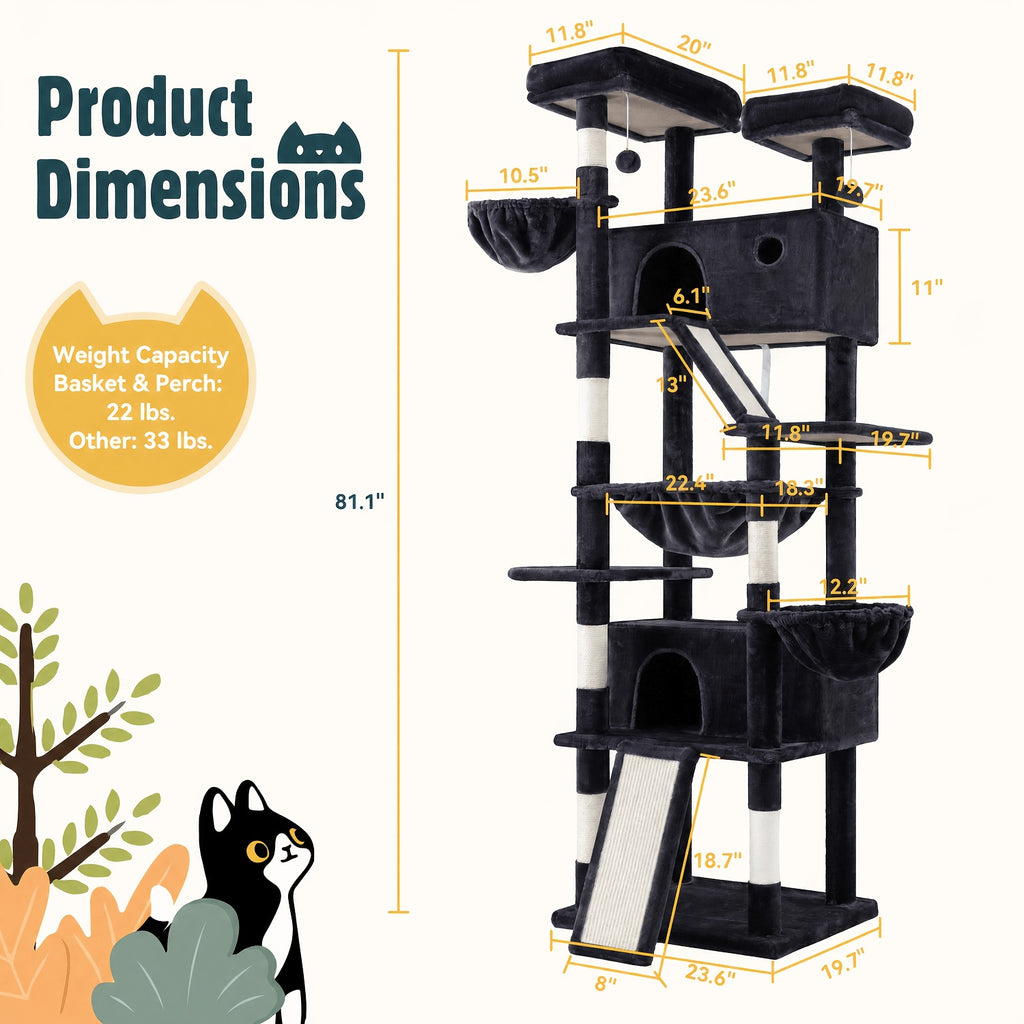 HOOMIC 81-Inch Multi-Level Tall Cat Tree for Indoor Cats/ Large Cat Tower with Plush Condo/ Hanging Hammock & Basket/ Comfortable Cat Perches/ Sisal Scratching Posts/ Sturdy Base/ Spacious Play House/ Pet Furniture/ Free Shipping