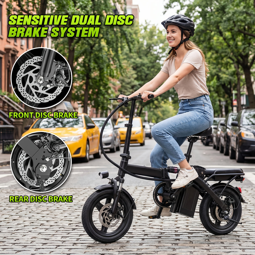 Adult and Youth Electric Bicycle, 560W Motor, 20-24MPH Compact Commuter Folding E-Bike, 32-Mile Range, 48V 10Ah Battery, 3-Speed Pedal Assist, 14-Inch Folding Electric Bicycle, Women's E-Bike