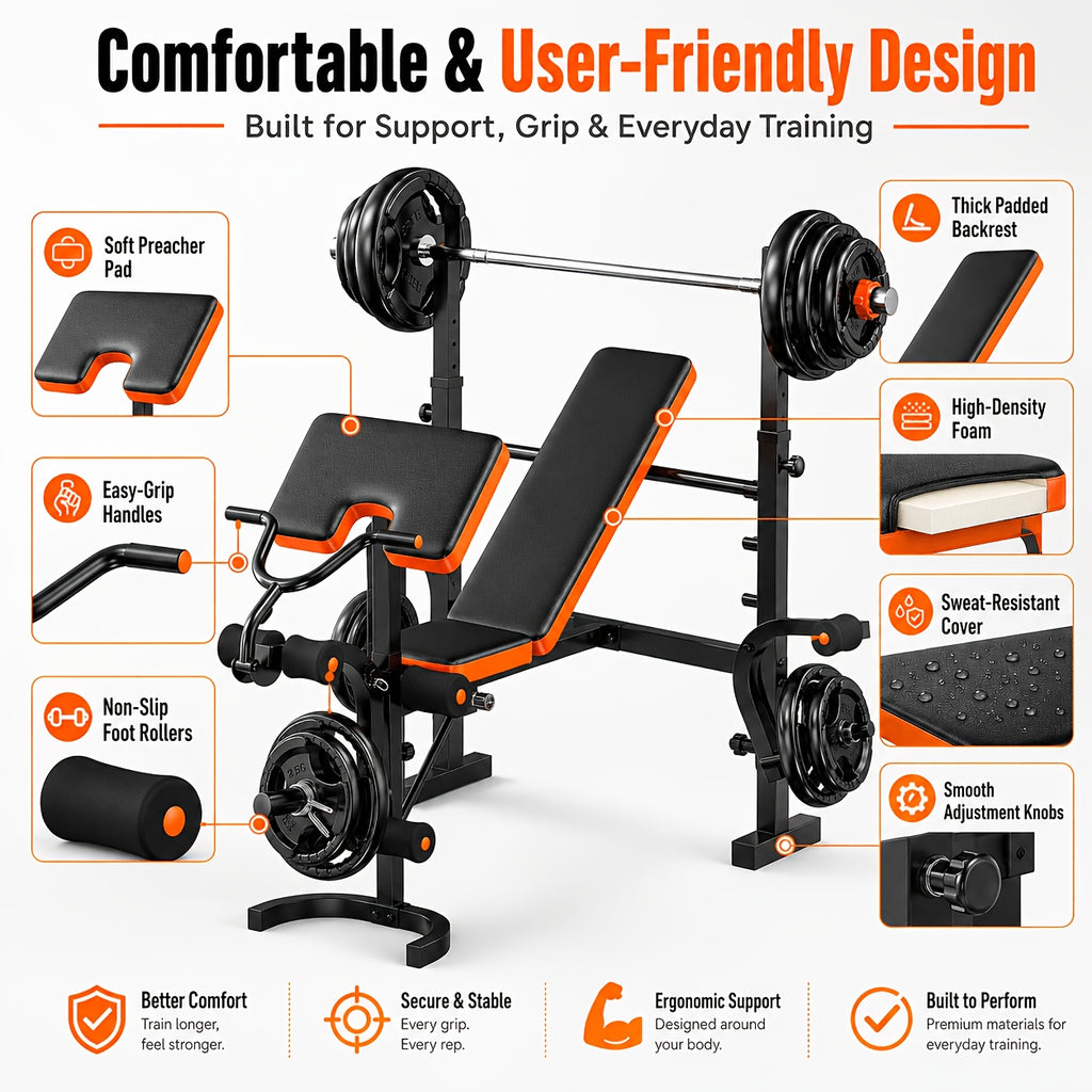 6-In-1 Professional Fitness Bench Set for Leg Extension, All-In-One Adjustable Weight Bench Full Body Strength Training, with Squat Rack, for leg Developer & Preacher Curl Pad, Ideal for Home Gym Use (Barbell Not Included)
