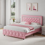 HOMBCK Twin Full Queen King Bed Frame, Padded Platform Bed with Button Tufting Headboard, Princess Platform Bed with Diamond Design, Halloween Decoration, Wooden Strip Support, No Spring Box Needed, Easy to Assemble, Pink/White/Black/Beige