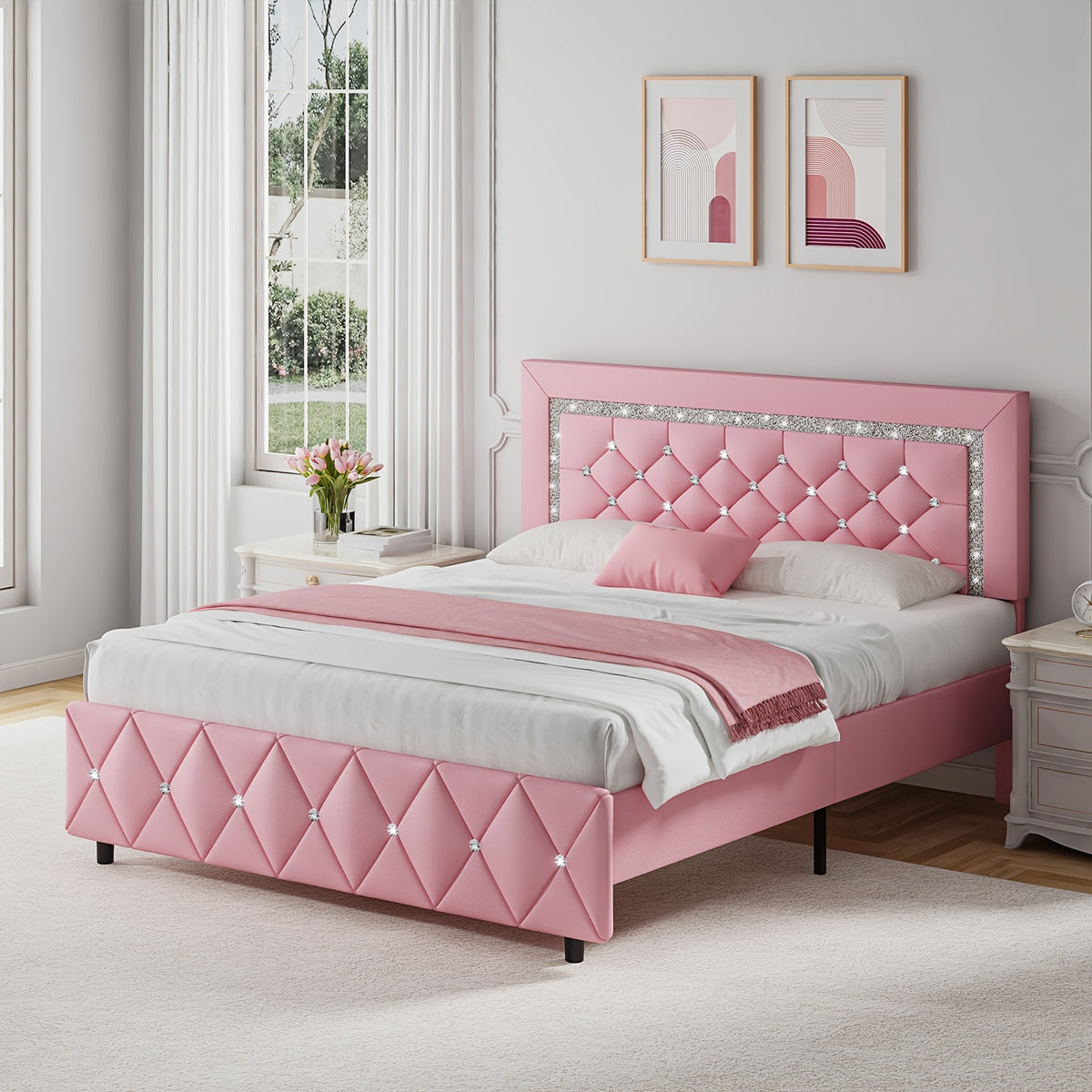 HOMBCK Twin Full Queen King Bed Frame, Padded Platform Bed with Button Tufting Headboard, Princess Platform Bed with Diamond Design, Halloween Decoration, Wooden Strip Support, No Spring Box Needed, Easy to Assemble, Pink/White/Black/Beige