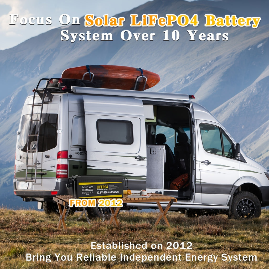 Feuruetc 12V LiFePO4 Lithium Iron Phosphate Battery, Available in 100Ah or 200Ah Capacity Options, with Built-in BMS, Over 15,000 Cycle Life. Suitable for Solar Systems, RVs, Golf Carts, Marine Applications, and Off-grid Power Supply. A Lightweight