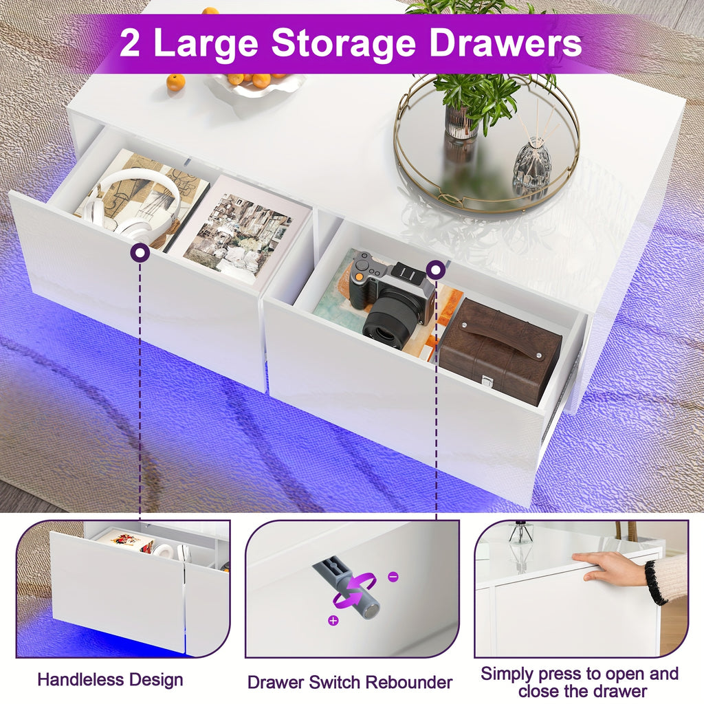 High Glossy LED Coffee Table, Modern Coffee Tables with Open Display Shelf And Sliding 2 Drawers, Rectangular Coffee Table with LED Lights for Living Room, Dining Room, White/Black