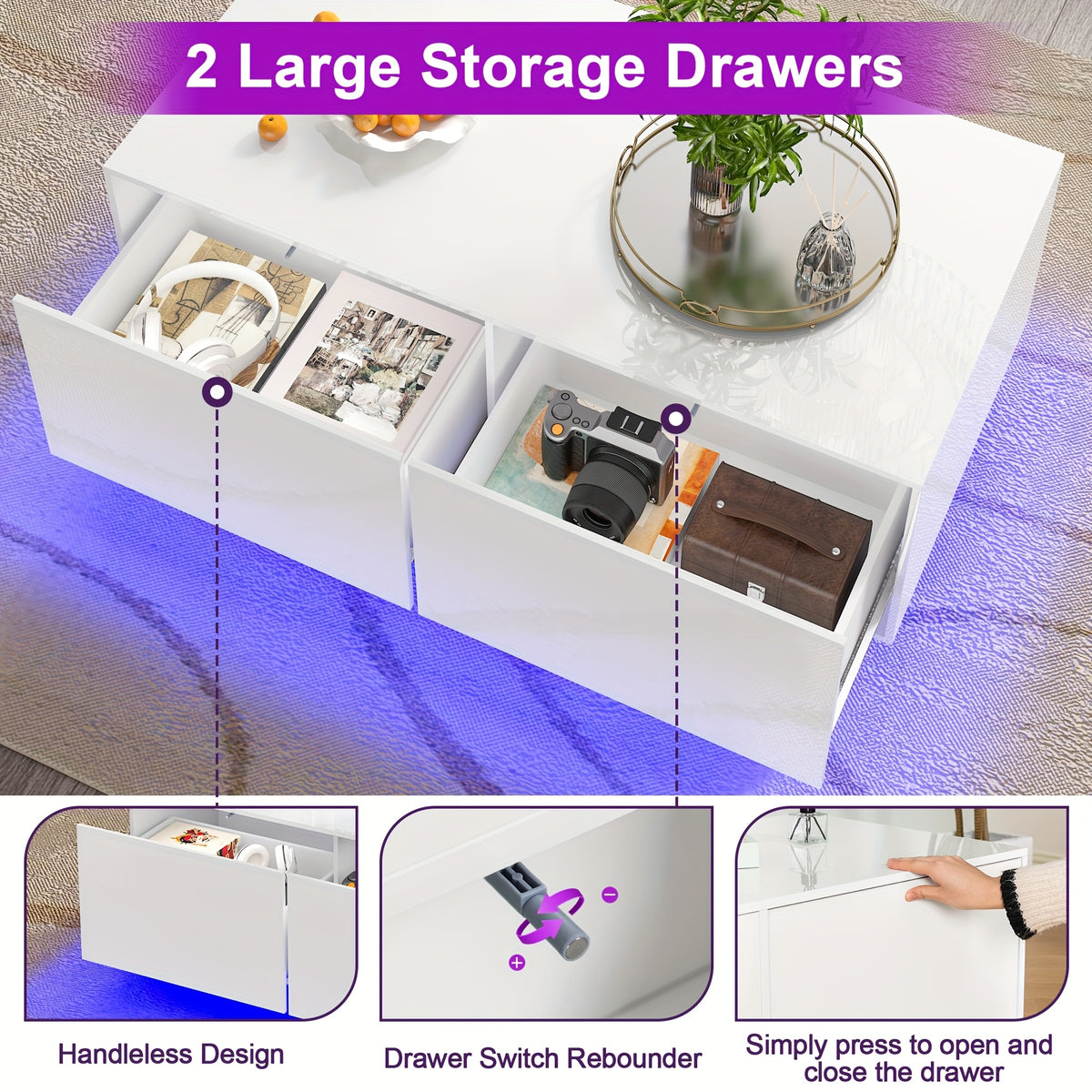High Glossy LED Coffee Table, Modern Coffee Tables with Open Display Shelf And Sliding 2 Drawers, Rectangular Coffee Table with LED Lights for Living Room, Dining Room, White/Black