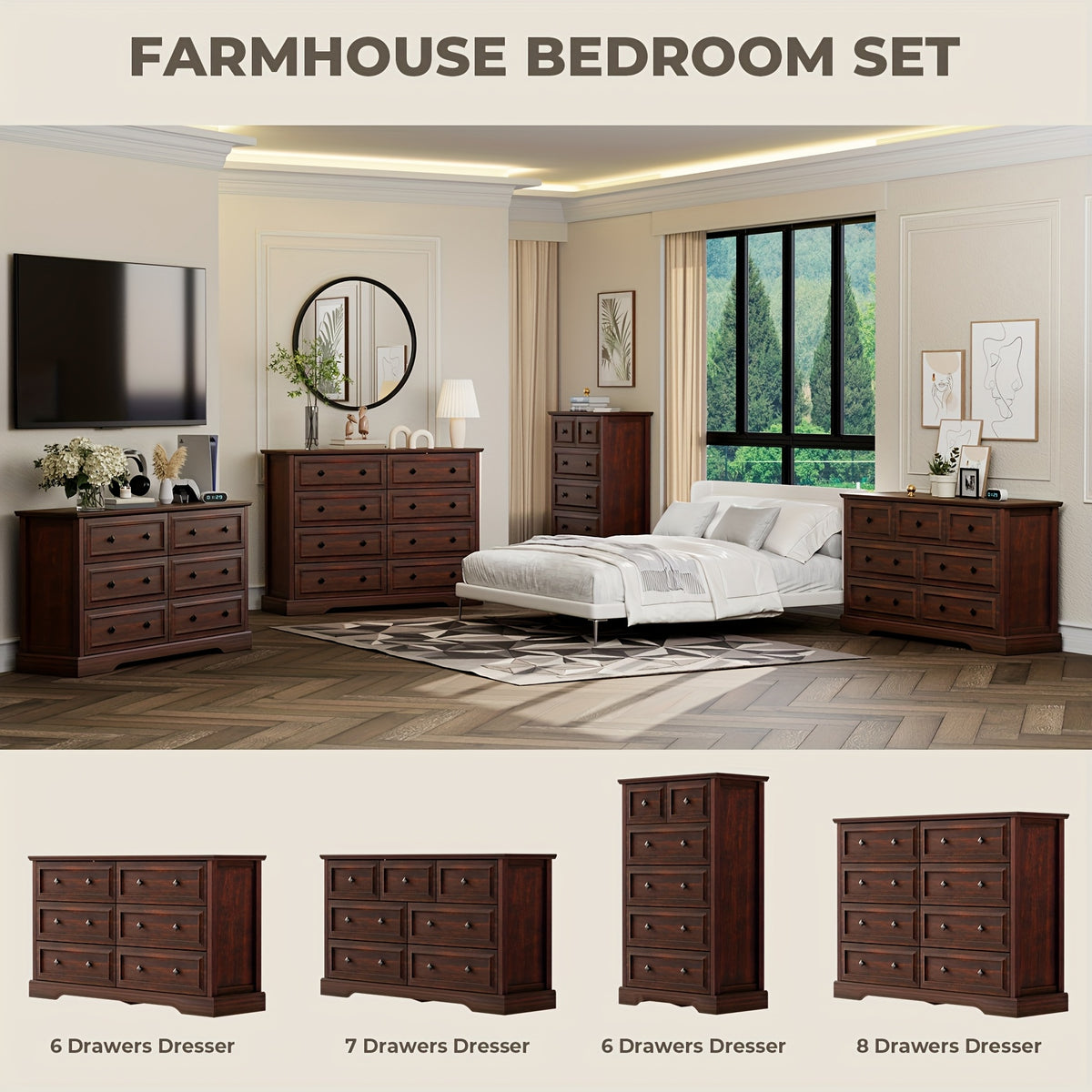 Farmhouse 6/7/8 Drawer Dresser for Bedroom, Wood Rustic Chest of Drawers with Natural Texture, Vintage Design, Storage Dressers Organizer for Bedroom, Living Room