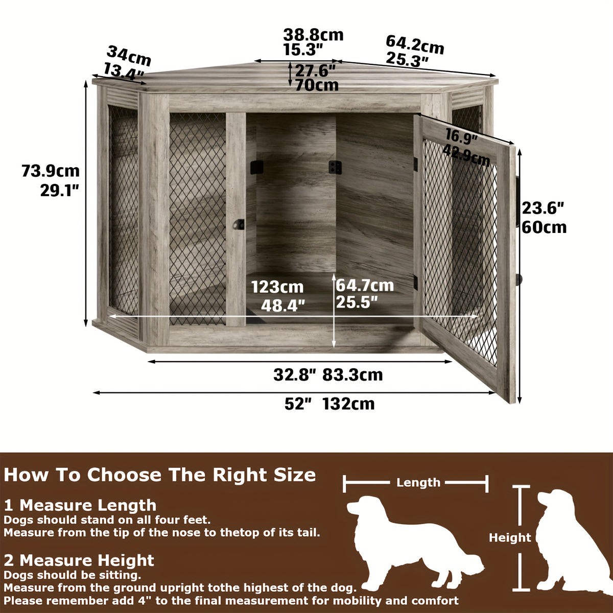 Furniture Corner Dog Crate, 52" Wooden Dog Kennel Furniture End Table with Mesh, Indoor Pet Crate Side Table for Small Medium Dogs Puppy, Perfect for Limited Room