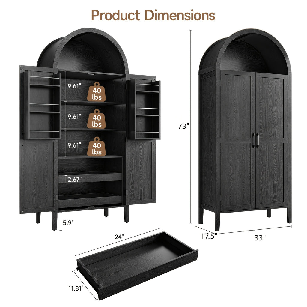 PAZCASA 71" Tall Arched Kitchen Pantry, Storage Cabinet with 2 Pull-Out Shelves, 6 Door Shelves, Organizer, Freestanding Modern Versatile Cupboard for Kitchen, Dining Room, Black/Natural
