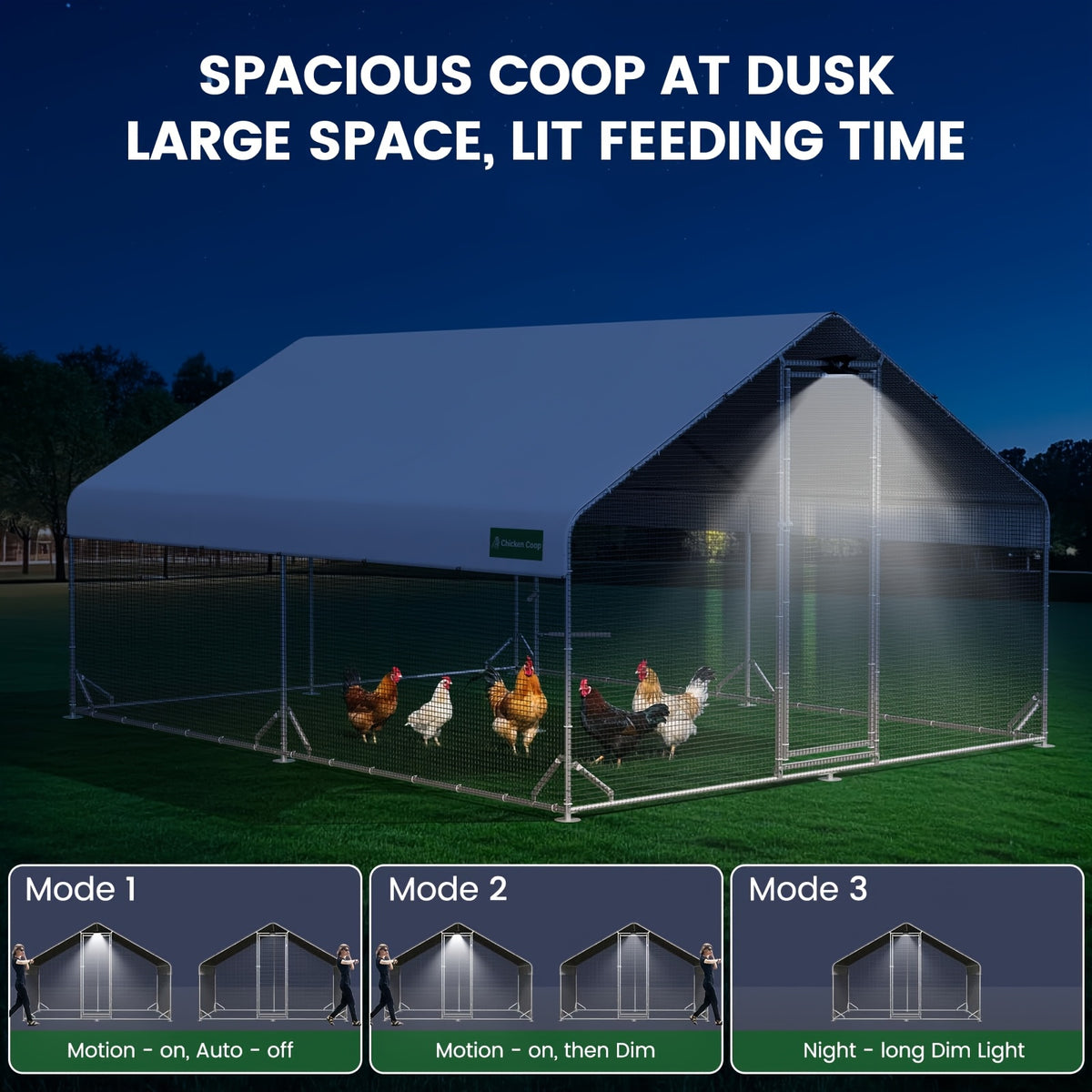Large Walk-in Metal Chicken Coop with Chicken Run & Hardware Cloth, Solar Light, UV-Resistant Cover, Outdoor Poultry Cage for Farm Use