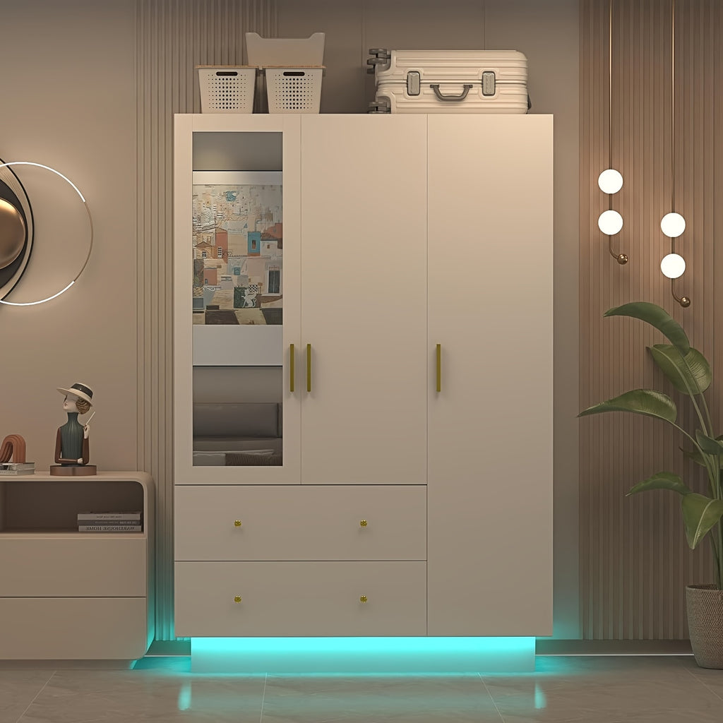 Modern Wardrobe Closet with Mirror And LED Lights, Bedroom Armoire with Drawers And Shelves, Wooden Closet Cabinet with Hanging Rod