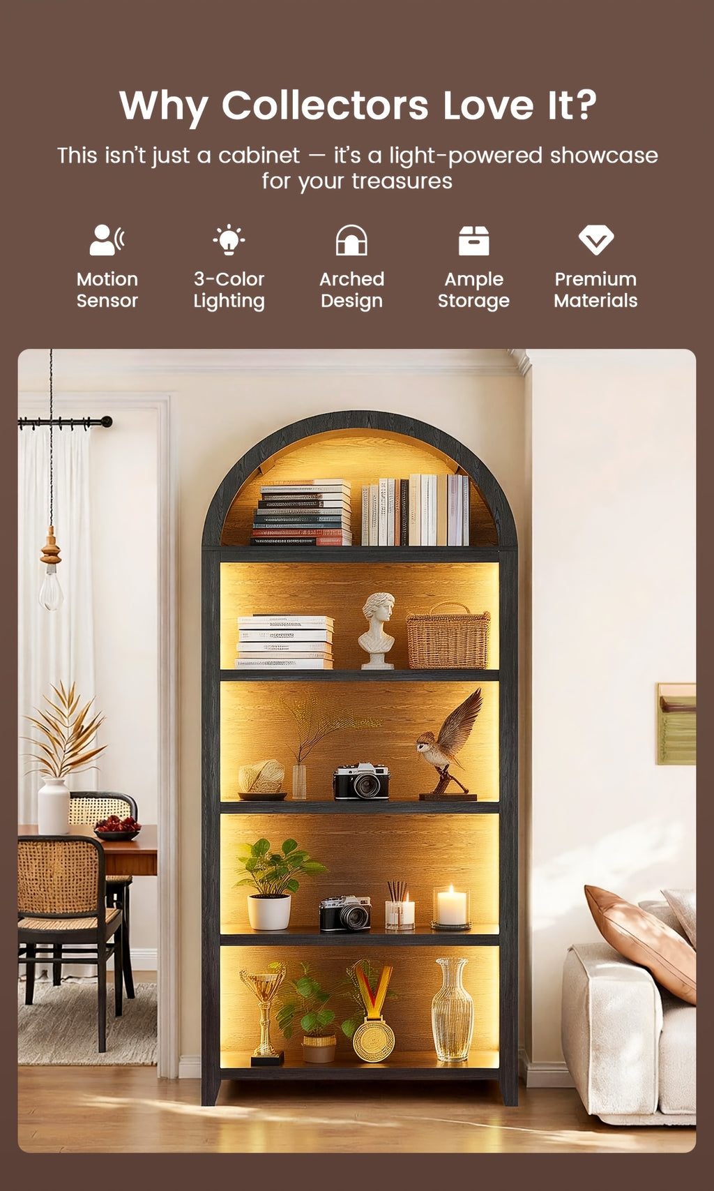 68.9" Arched Display Bookshelf Cabinet - 5-Tier Open Storage Shelf, Freestanding Tall Bookcase for Living Room, Dining Room Or Office (Multiple Finishes)