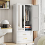 71 Inch Metal Wardrobe with Mirror, 2 Drawers, Adjustable Shelves And Hangers, Clothing Storage Cabinet for Bedroom