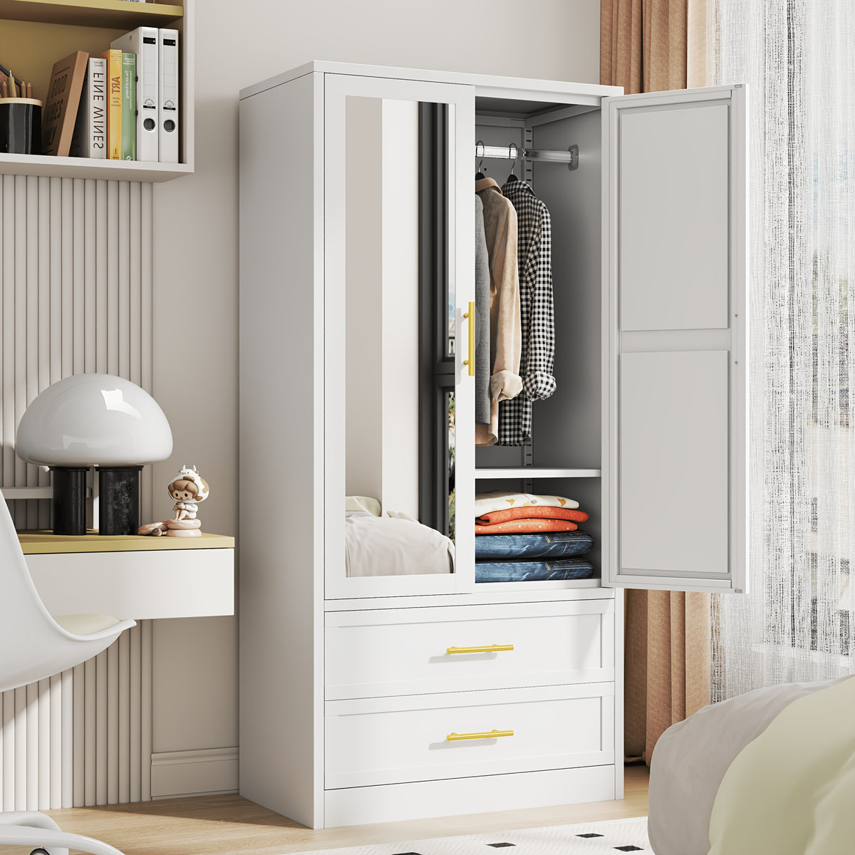 71 Inch Metal Wardrobe with Mirror, 2 Drawers, Adjustable Shelves And Hangers, Clothing Storage Cabinet for Bedroom