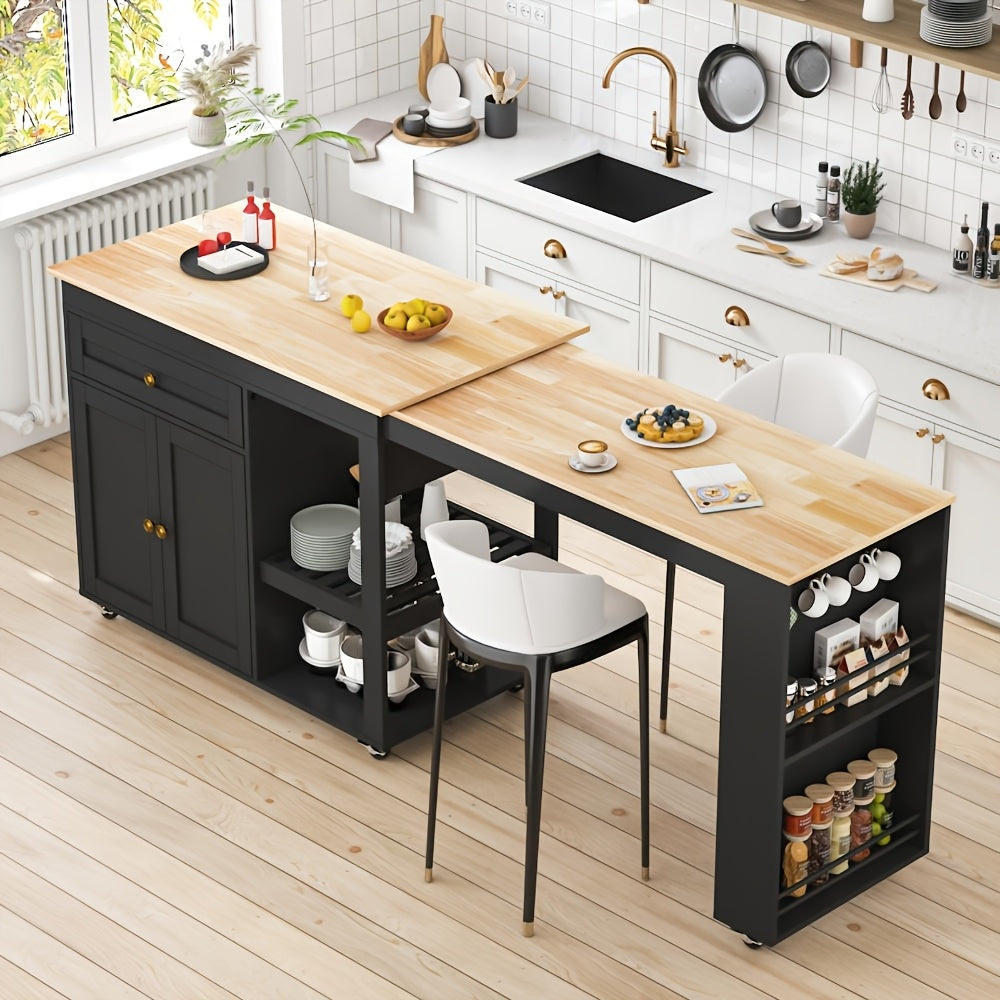 Expandable Mobile Kitchen Island with Extendable Table - Lockable Rolling Cart on Wheels, Storage Drawer/Cabinet/Shelves, Spice & Towel Rack - Space-Saving Modern MDF/Plywood for small Kitchens, Dining & Prep Station (Assembly Easy)