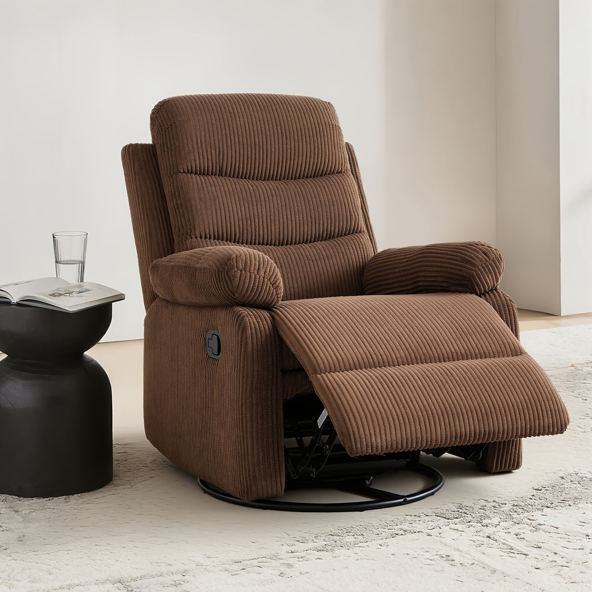 Corduroy Swivel Rocking Recliner Chair, Manually Adjustable Single-person Lounge Sofa with Padded Seat and Backrest, Ergonomically Designed Casual Armchair Suitable for Daily Relaxation in Living Rooms, Bedrooms, and Home Theaters
