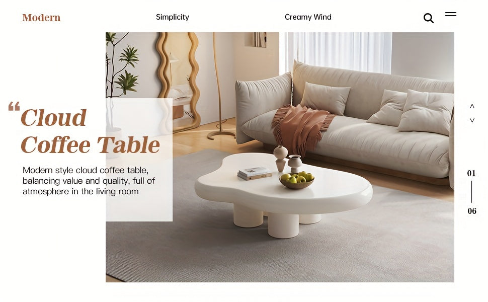 Modern White Cloud Tea Table - Unique Irregular Shape, 4-Leg Design for Living Room or Coffee Area, 35.82 Inches, Minimalist Style with Rounded Edges and Sleek Finish APPLE