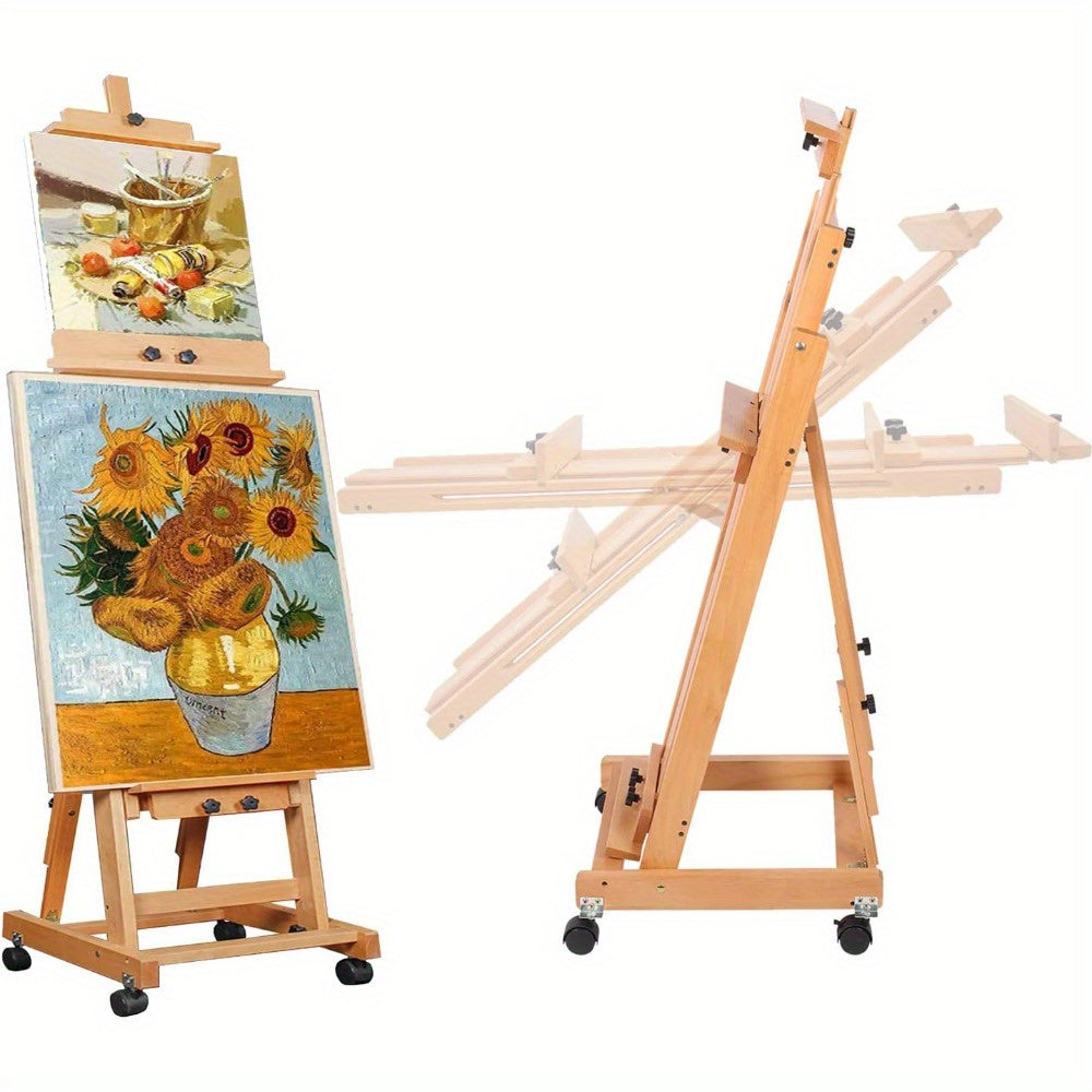H Frame Easel Multi-Function Studio Easel Solid Beech Wood Easel Adjustable Painting Canvas Holder Stand Tilts Flat Artist Easel with Locking Caster Wheels