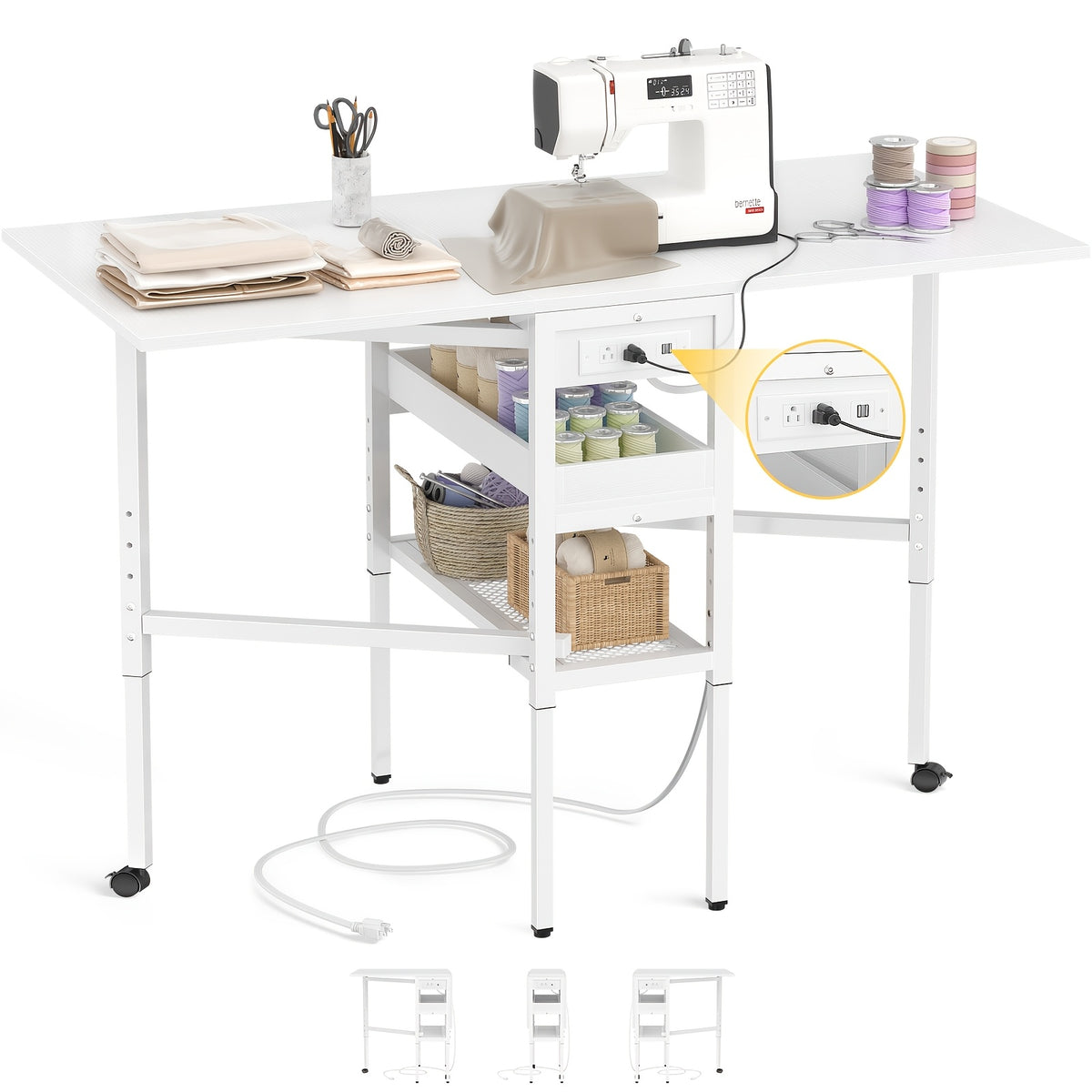 50" Foldable Sewing Cutting Table | Height Adjustable Craft Table with Charging Station and Storage, Metal Frame, Mixed Color, Plug Powered - BESIOIST