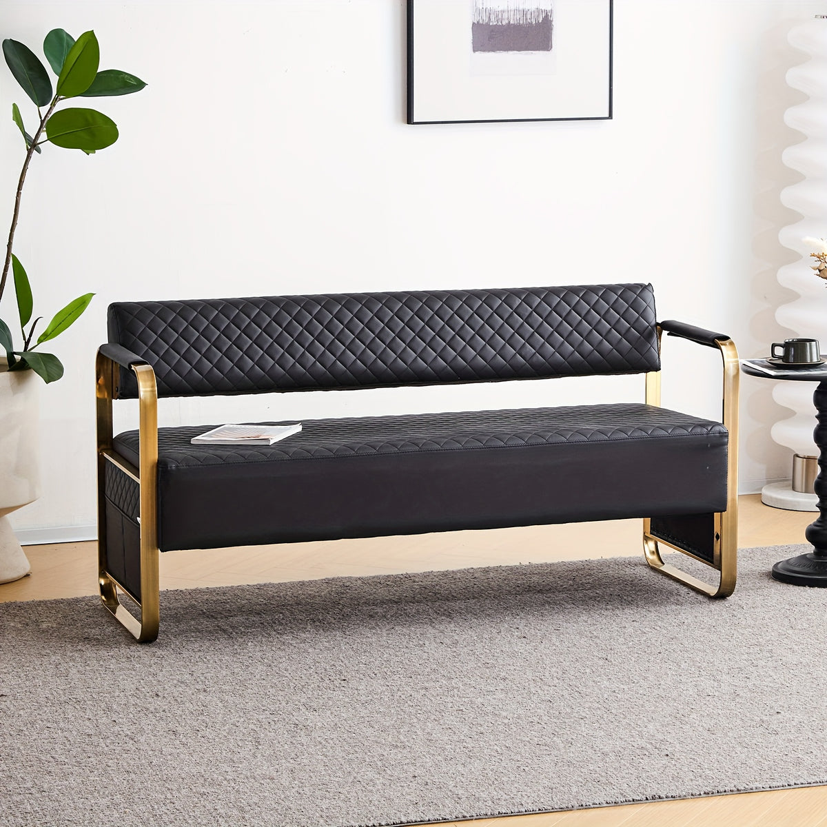 Waiting Room Chairs with Arms, 57. 5''Office Guest Chair Upholstered Bench Seating, Reception Furniture for Beauty Salon Barbershop Airport Bank Hall Room Conference, Black&Gold
