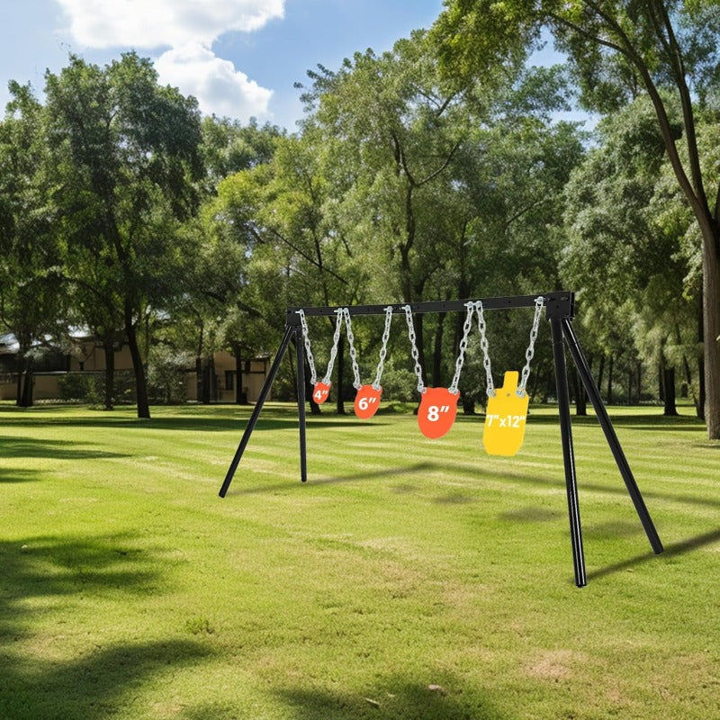 Outdoor Steel Target Stand Shooting System with 3 Gong Targets and 1 Torso Target, Powder-Coated Black Stand, Target Stand Kit