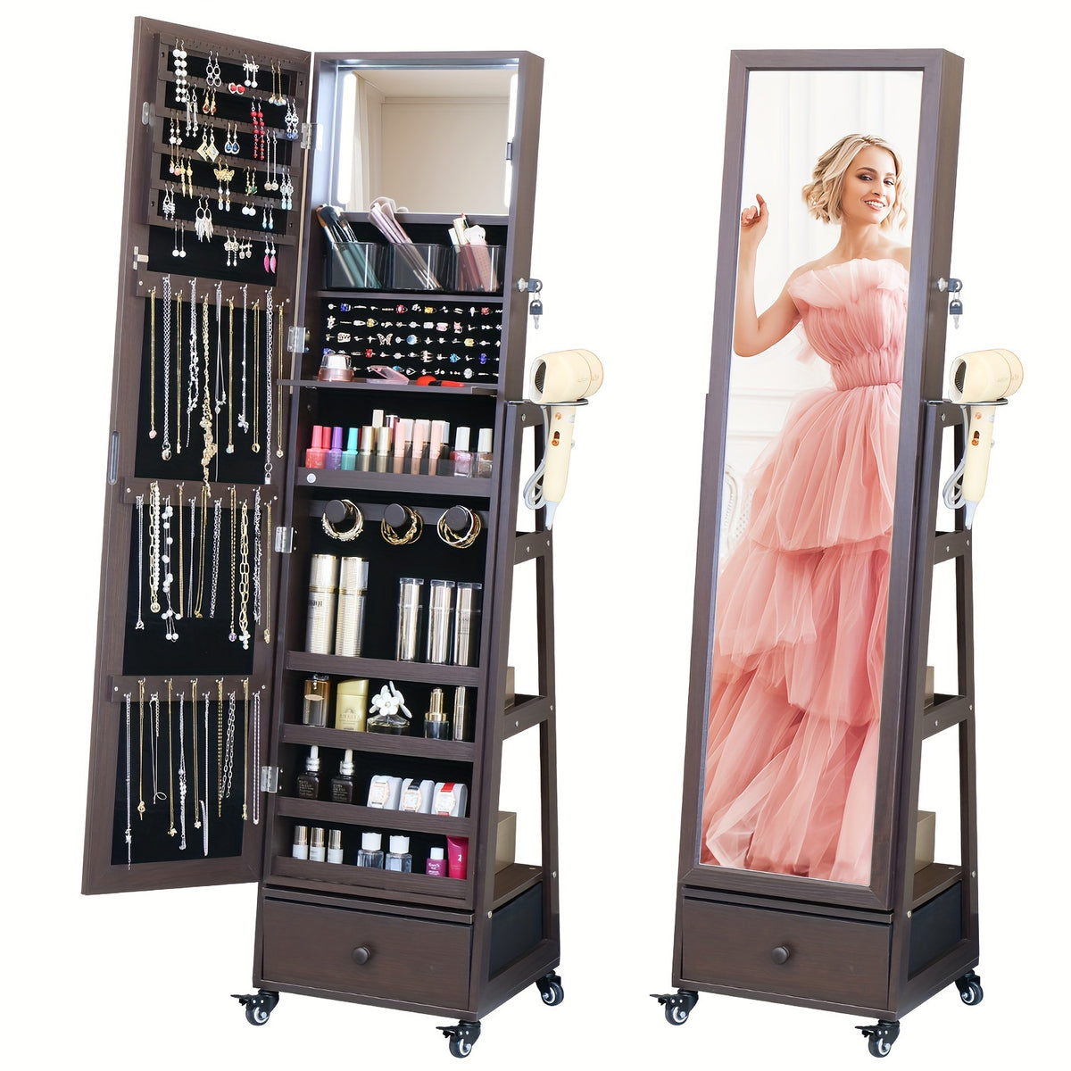 Mirrored Jewelry Cabinet for Full-Length Dressing, Lockable Storage and a Mobile Vanity Station