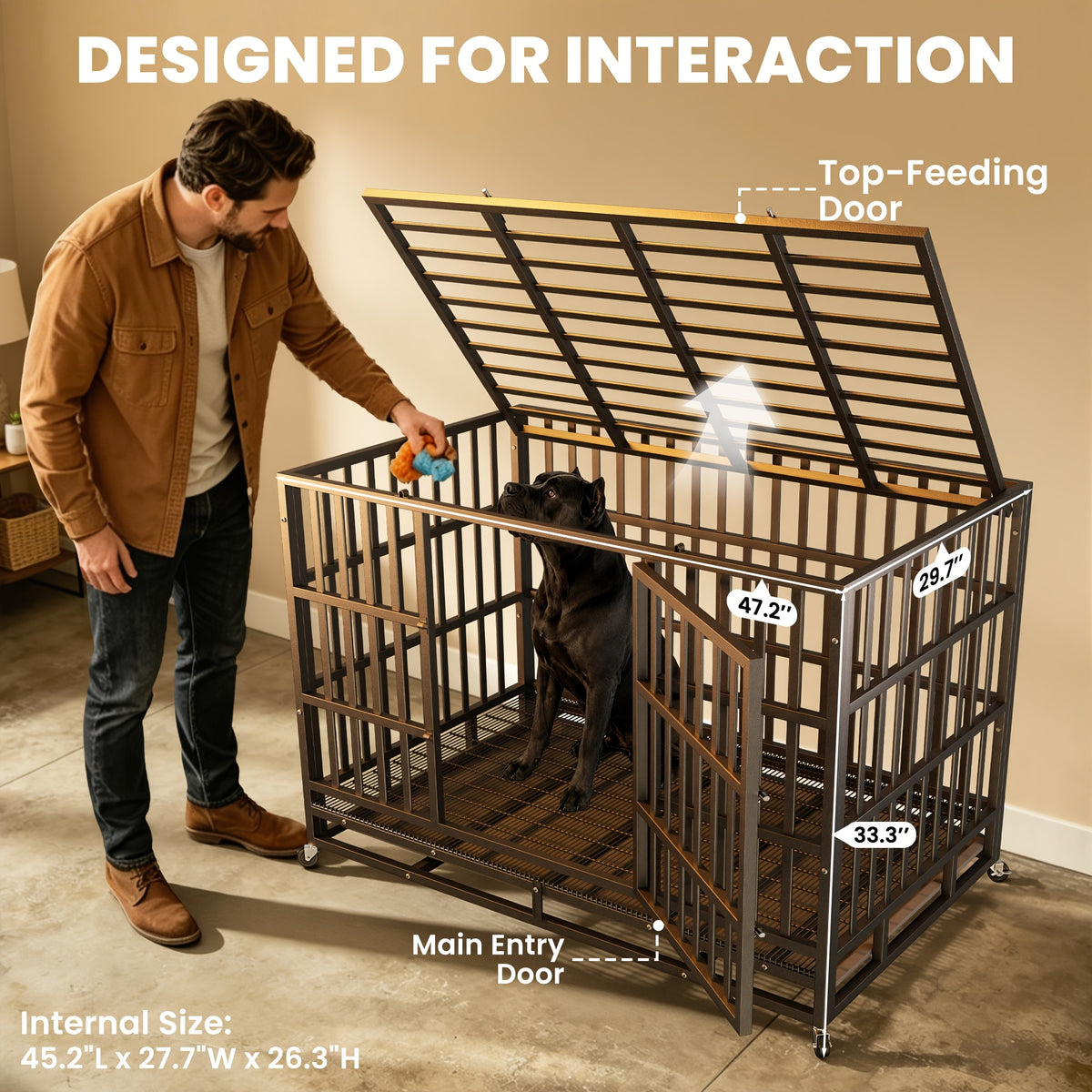 [With Wheels] 42 IN/48IN Heavy Duty Dog Crate Metal Dog Cage With Wheels And Escape-Proof Locks Double Doors Top Opening Large Dog Kennel Removable Tray Easy Assembly Chew-Proof For Big Dogs