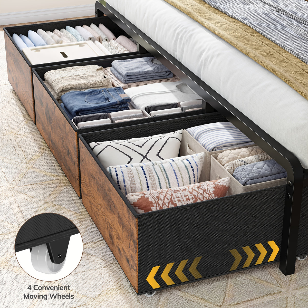Reinforced Storage Bed Frame, King/Queen/Full with 8/9 Drawers, Headboard Storage, Multi-Color LED Lights & Charging Station, Noiseless & Easy Assembly, Black/Tiger Brown