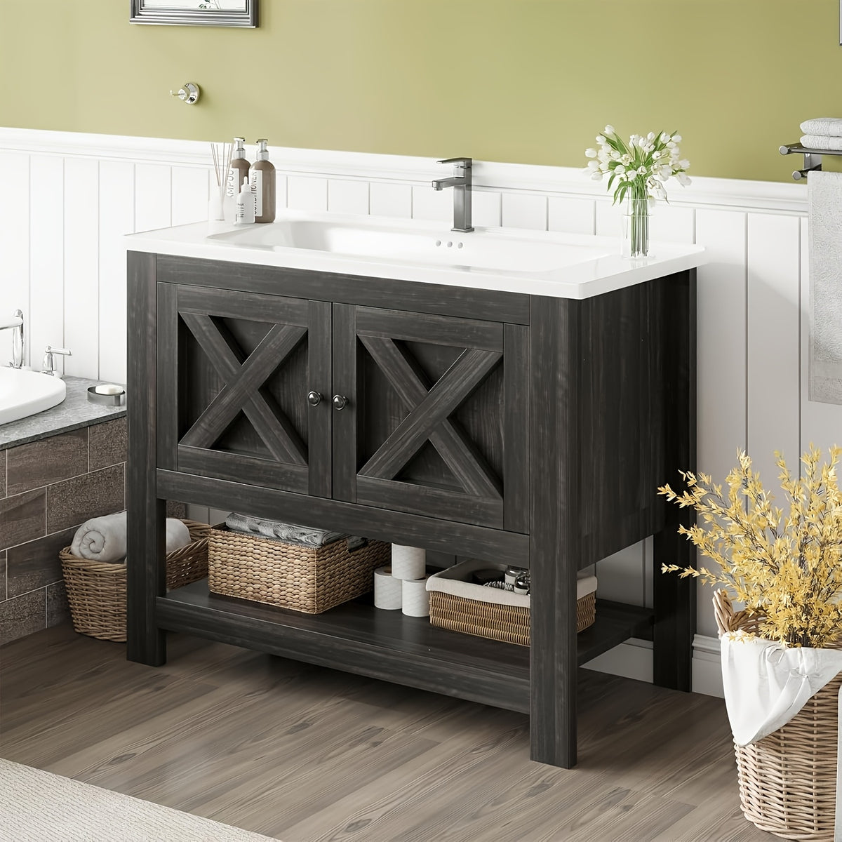 [Bathroom Vanity Cabinet] 4 Ever Winner 35-Inch Bathroom Vanity Cabinet With 2 Doors And Open Shelf, Country Style Bathroom Vanity With Sink, Black/White