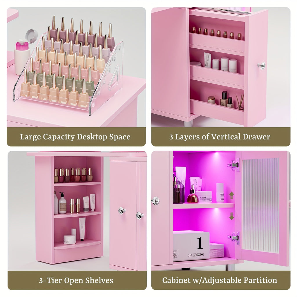 Paddie Manicure Table Nail Desk, Glass Cabinet Door Nail Table Station W/Dust Collector, Removable Acrylic Container, Cabinet And Drawer