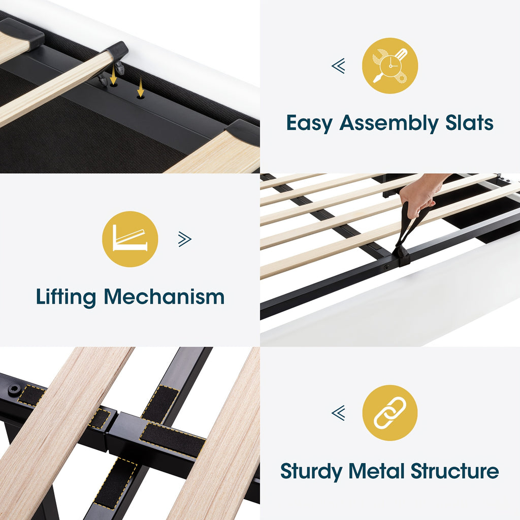 WEEWAY Lift Up Storage Bed Frame, Velvet Vertical Channel Headboard, Charging Station, Hydraulic Support, Noise-Free Wooden Slats, No Box Spring Needed, Bedroom Furniture, Masterroom, Guestroom, White, Black, Cream, Grey, Free Shipping