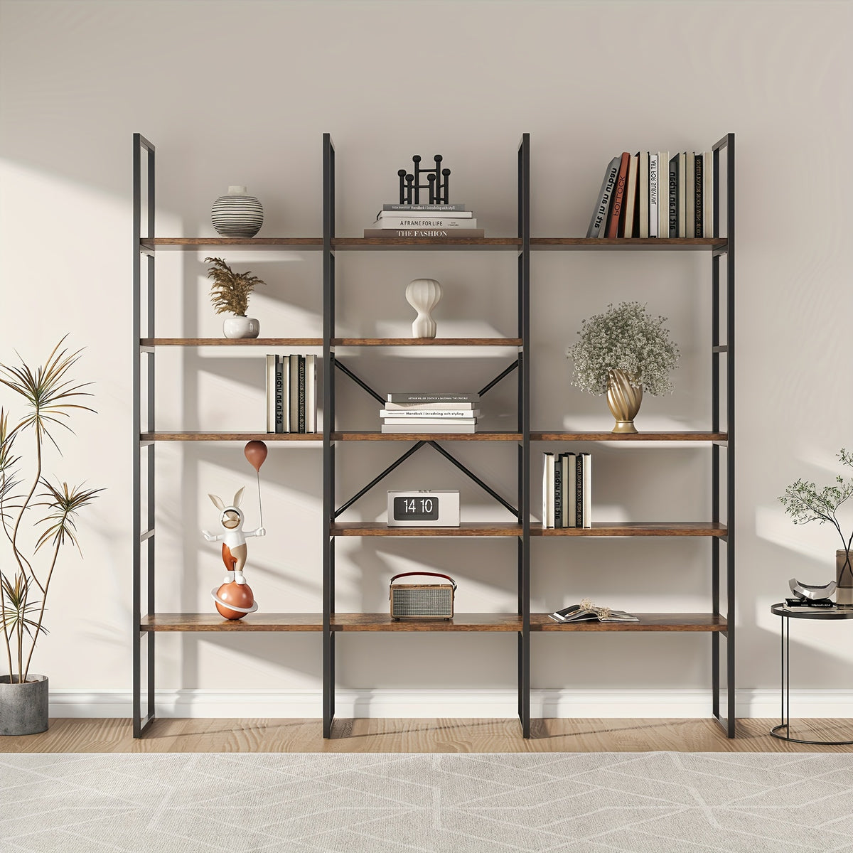 5-Tier Triple Wide Geometric Bookshelf, Industrial Etagere with Sturdy Metal Frame, 71" Tall Freestanding Display Shelving Unit, Modern Design for Home& Office