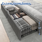 King Size Upholstered Bed Frame with Storage, 2-Tier Headboard And 2 Drawers, Sturdy Wood Slats, No Box Spring Needed, Noise-Free, Modern Grey/Beige, Easy Assembly, Space Saving