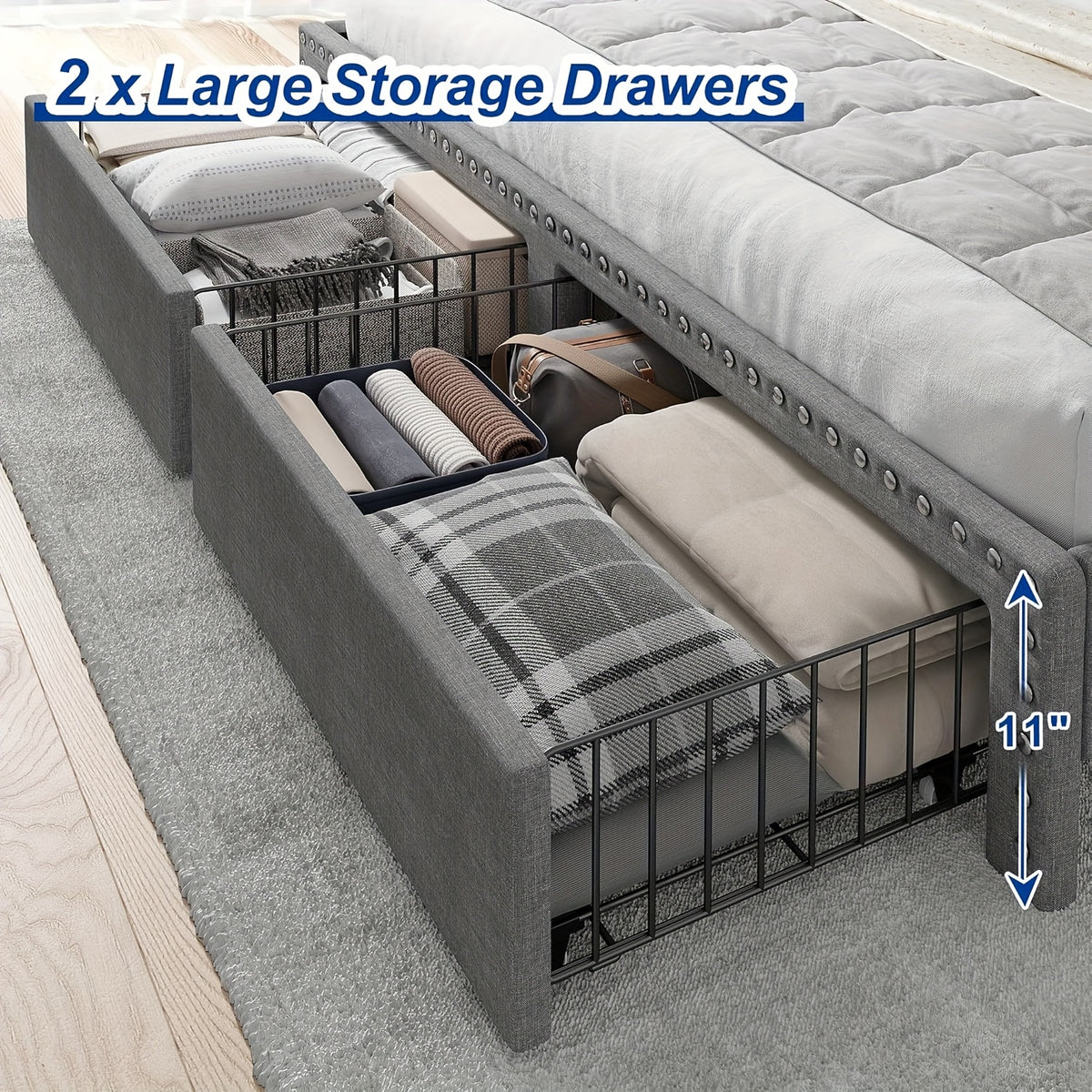 King Size Upholstered Bed Frame with Storage, 2-Tier Headboard And 2 Drawers, Sturdy Wood Slats, No Box Spring Needed, Noise-Free, Modern Grey/Beige, Easy Assembly, Space Saving
