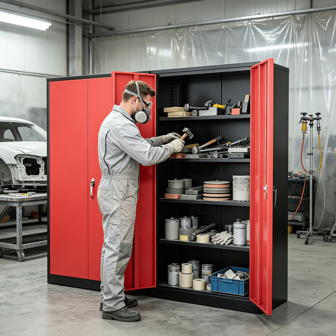 72-Inch Metal Storage Cabinet with Locking Door for Garage, Equipped with 4 Adjustable Shelves, Suitable for Repair Shops, Garages, And Warehouse Storage (Red 72''X 36" X 18")