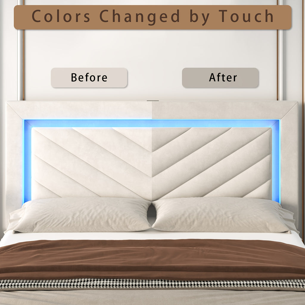 Platform Bed Frame with LED Adjustable Headboard, Upholstered Bed Frame with Storage Drawers And Charging Station, Twin, Full, Queen, No Box Spring Needed, Noise Free