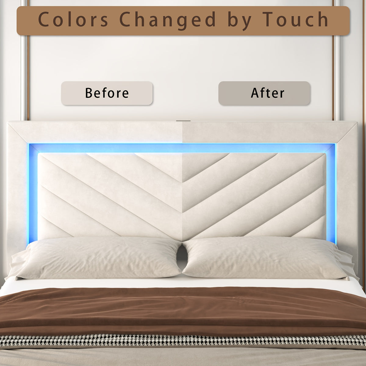 Platform Bed Frame with LED Adjustable Headboard, Upholstered Bed Frame with Storage Drawers And Charging Station, Twin, Full, Queen, No Box Spring Needed, Noise Free