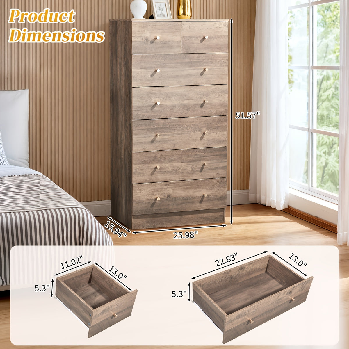 Bonnlo Dresser Featuring Seven Drawers, Wooden Chest of Drawers, Contemporary Storage Organizer Nightstand for The Bedroom