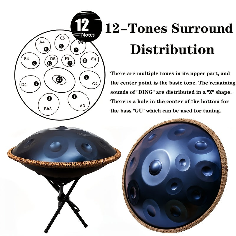 12 Notes Handpan Drum, 22Inch D Minor Kurd 432Hz Steel Tongue Hand Pan Drum for Adults Yoga Meditation, Hand Tuning Sound Healing Instrument Gift for Beginners with Soft Bag, Hand Mallets, Stand, Cloth, Sound Stickers