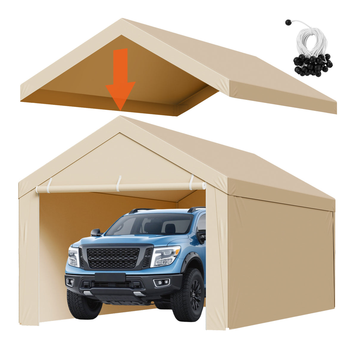 VEVOR Carport Replacement Canopy, 10 x 20 ft / 12 x 20 ft / 13 x 20 ft / 20 x 20 ft Potable Garage Tent Top Tarp with Sidewalls, UV-Resistant & Waterproof, Heavy Duty Car Shelter Tarp with Ball Buggees, Beige / Grey, Frame Not Included
