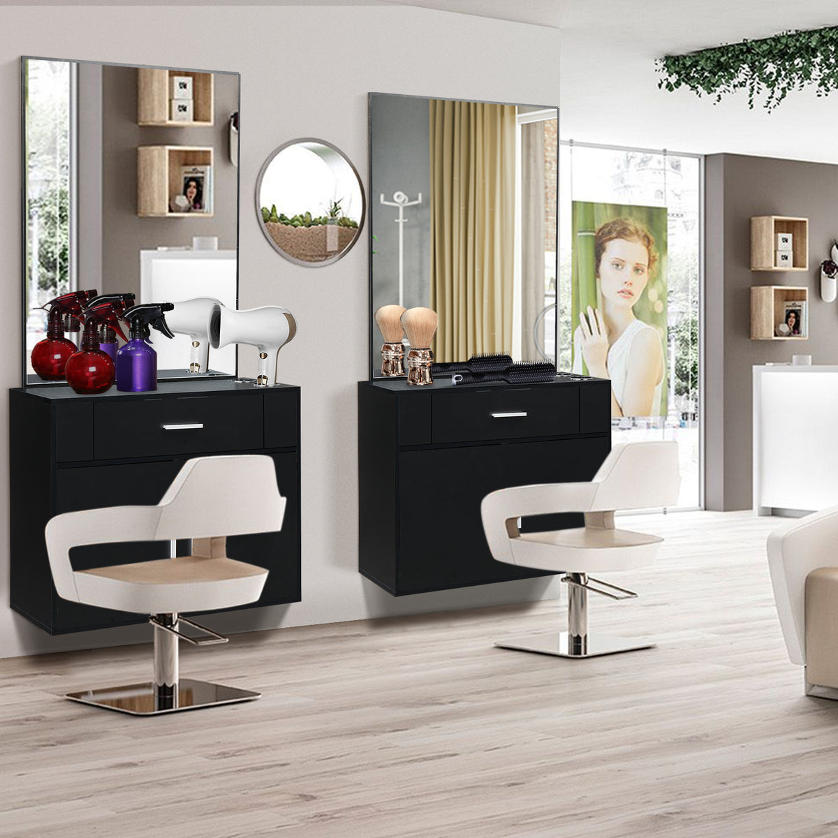 Wall-Mounted Salon Station for Hairdressing, Featuring a Mirror, One Drawer, One Storage Cabinet, And Two Hairdryer Holders, Suitable for Beauty Salons, Personal Studios, And Hair Salons - Black