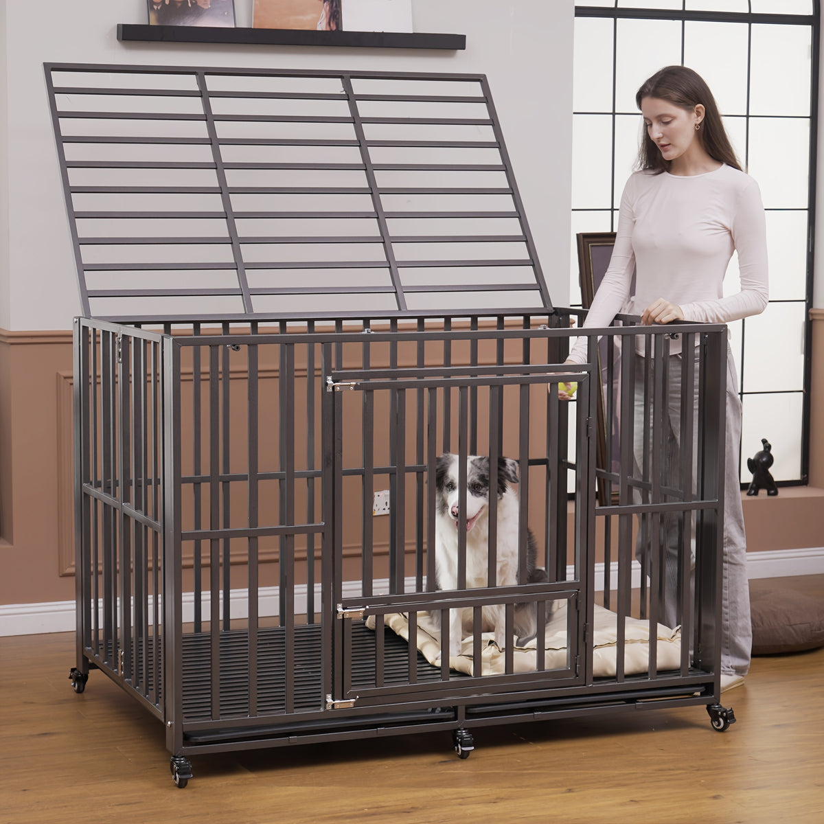 43/38 Inch Heavy Duty Dog Crate, Folding Dog Kennel No Assembly, Escape Proof Large Dog Cage Kennel With Lockable Wheels, High Anxiety Pet Playpen With Double Door Indoor/outdoor.