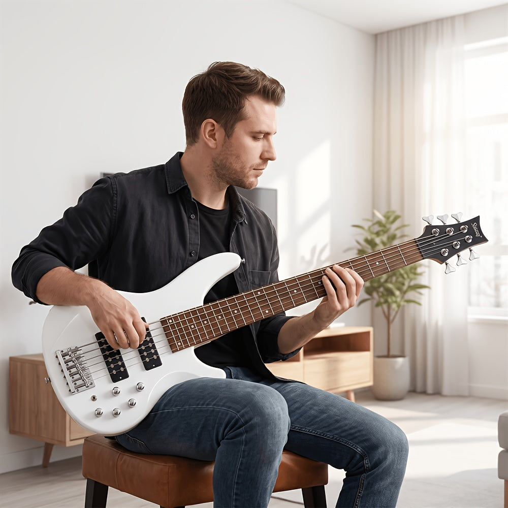 White Electric Bass Guitar with 44 Inch GIB, 6 Strings, H-H Pickups, Laurel Wood Fingerboard, And Included Bag And Additions